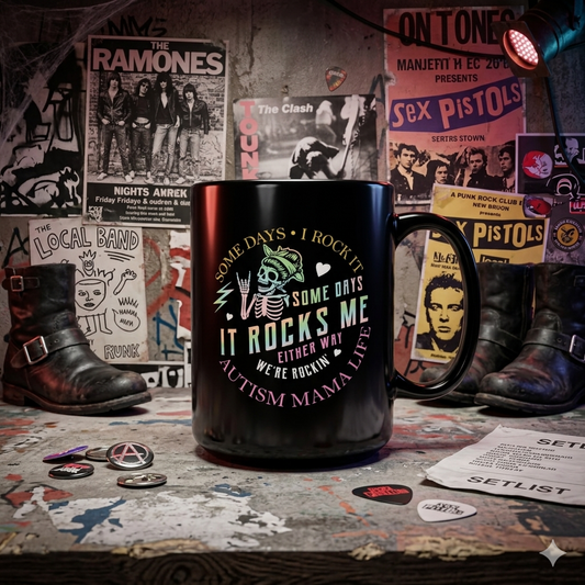 Rockin' Autism Mama Black Mug, 15oz
